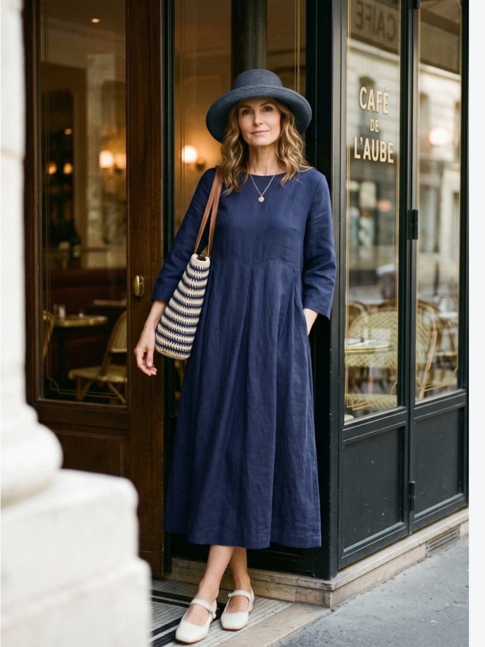 Lintico Navy Long Sleeve Midi Dress - Classic Linen Look